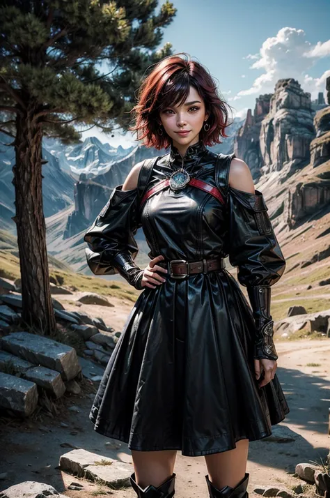 srwby, short hair, black hair, red hair, t-shirt, skirt, boots, gradient hair, grey eyes, outdoors, standing, smile, (cowboy shot), dynamic pose, hands on hips, standing with male colleague on a mountain top, crowd, a small town sits in a valley, intricate...