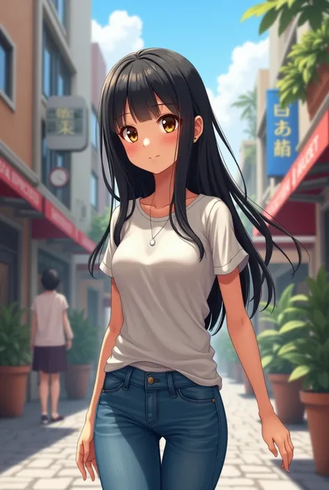 An anime woman with black hair and brown eyes wearing a t-shirt and jeans while walking on a street and pretending to be photographed 