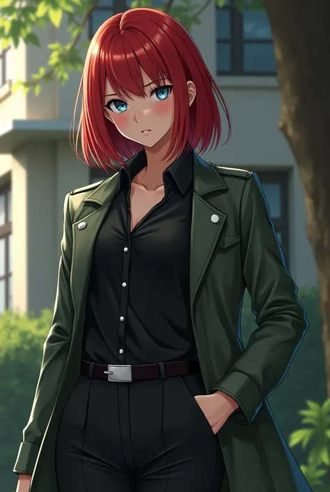  Realistic image of a young detective at a private school.  Her name is Jenn Majura .  She has red hair and black wigs , Your eyes are blue, His cheeks are flushed. She wears a blouse , a pair of pants, shoes, And a trench coat , in black colors, WHITE AND...