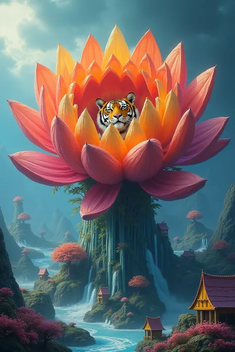 A lot of houses inside a rainbow giant flower , ICE and fire Is everywhere , ther Is a Little Tiger face at the center of the flower 