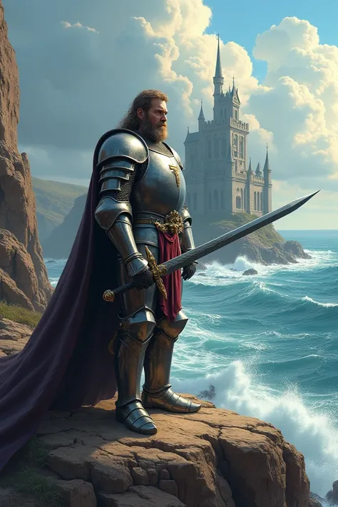 Create an image to be used on a power metal album cover , square format,  art of a medieval knight brandishing his sword on a plateau overlooking the ocean and a castle in the background