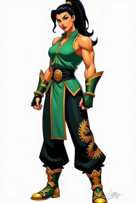 Create a character design of Jade Strike, a Masters of the Universe-style martial artist. She is an athletic Asian woman with golden-toned skin, sharp green eyes, and long black hair tied in a high ponytail. She wears a jade-green sleeveless tunic with gol...