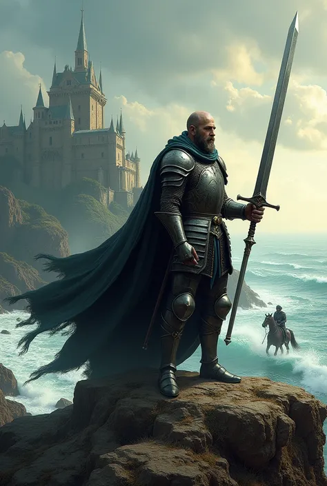 Create an image to be used on a power metal album cover , square format,  art of a medieval knight brandishing his sword on a plateau overlooking the ocean and a castle in the background, Horseman in the background ,  wider view of the landscape