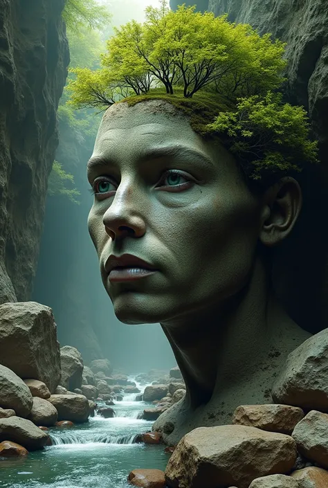 I want to create an image of an internal landscape of a stream with stones and light entering from the left to the right of the stream, a rustic stone face but with very defined human features, trees emerging from the human stone head. 