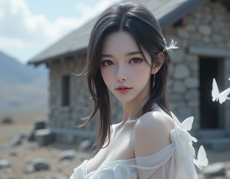 Epic Life white butterfly on one eye, "Japanese beautiful young woman, white pale skin, (cup-A chests)", long black hair, pretty white Strapless dress, (fabric butterfly around), front of rough stone cabin, wast land environment, 