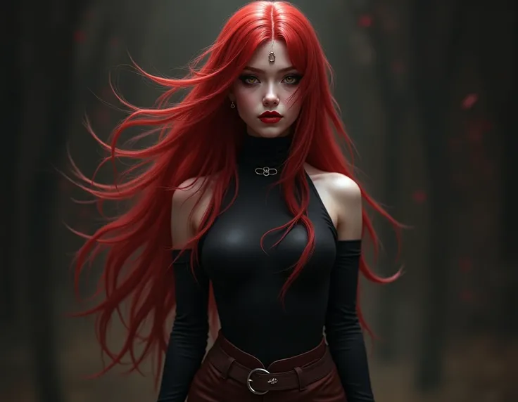  Create a not very realistic vampire RPG character ,  full body , 

deep and penetrating :
 - very long hair type 2b in cherry color with a white curtain bangs style fringe
- The skin must be pale 
- your eyes must be hazelnut colored,  features 
- dark cl...