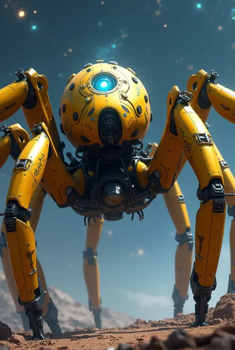 Large golden space spider robot with tank armor and a cannon on both sides and with a single blue eye 