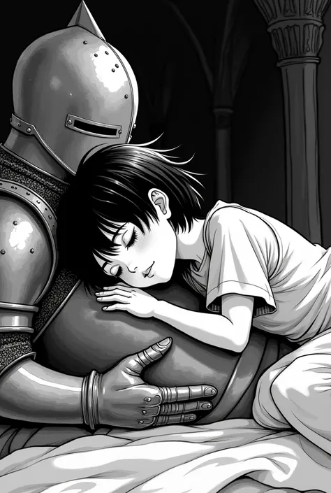 a girl with short black hair sleeping with a knight in manga style black and white