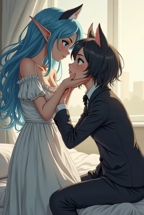 Draw two girls .  The first elf girl holds the cat girl by the chin .  The elf girl is standing ,  and the cat girl is sitting on the bed . The elf girl has blue flowing hair and blue eyes ,  dressed in a long vintage dress with open shoulders.  The cat gi...