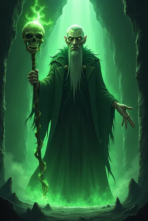 An animes strongest villain who looks like an old necromancer with green magic with a burrow and a staff with a skull 


