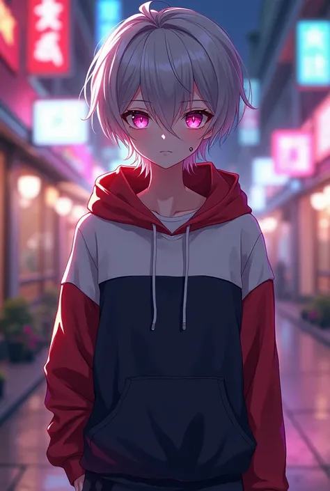 Gray Hair,Magenta colored eyes, pure white skin,Beautiful Boy,Neutral,female性的な男子,female々Young boy,Cute boy, button,Tall ,Sloping shoulders,Graceful,Thin chest,cute breasts , two-tone hoodie mixed with black and pink,black and pink two-tone skirt , ear pie...