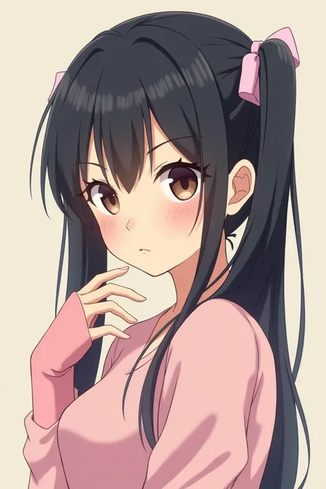 Anime style girl “black hair with two pigtails” “pink hand warmers” “with a light pink ribbon” “serious tender face” “bangs on the face” “low Asian face” “pink shirt