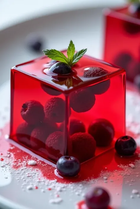 Create images of red jelly with chopped sangria fruit inside