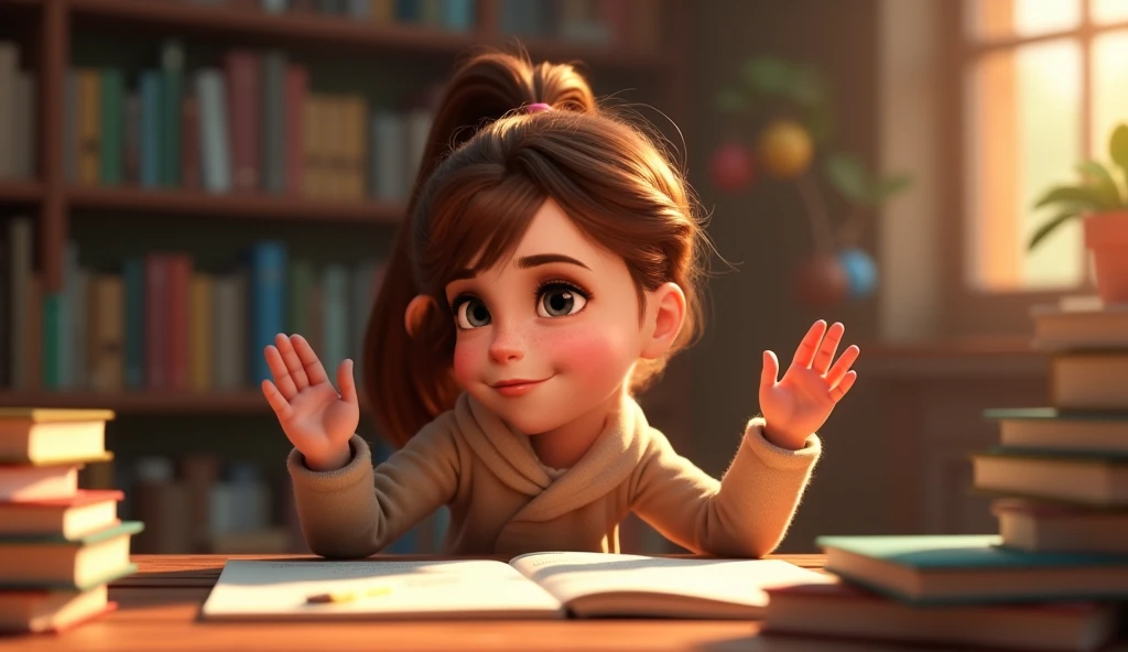 A girl, , with brown hair tied in a ponytail, Scene at a library table, sitting with many science books on the table. His gaze is fixed, determined, his hands are raised high, as if he were thanking God for the discovery. A look of happiness, with a wide s...