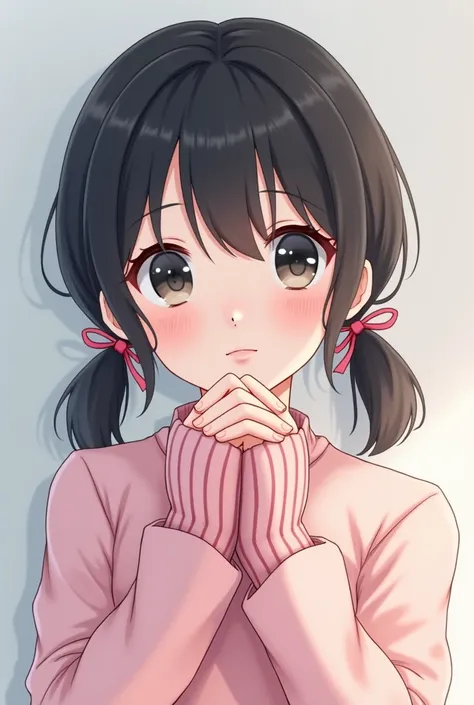 Anime style girl “fair skin” “looking straight ahead” “black hair with two pigtails” “pink hand warmers” “with a light pink ribbon” “serious tender face” “bangs on her face” “low Asian face” “pink shirt”