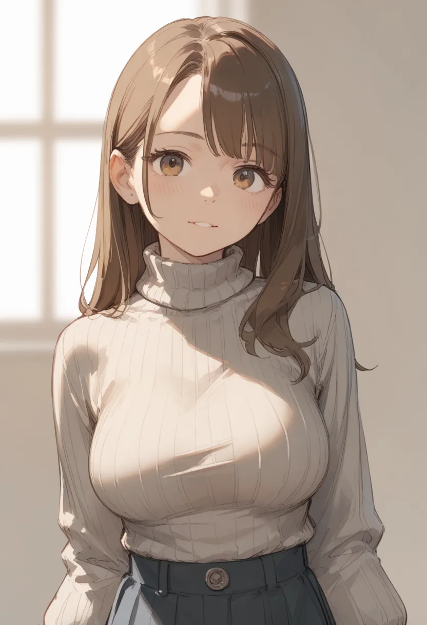 (( best quality)), ((masterpiece)), ( Details), 1girl, Alone, cute, sketch-style illustration, The lines are unstable in thickness, shoulder-length hair, straight hair, brown hair, big breasts, gray turtleneck sweater