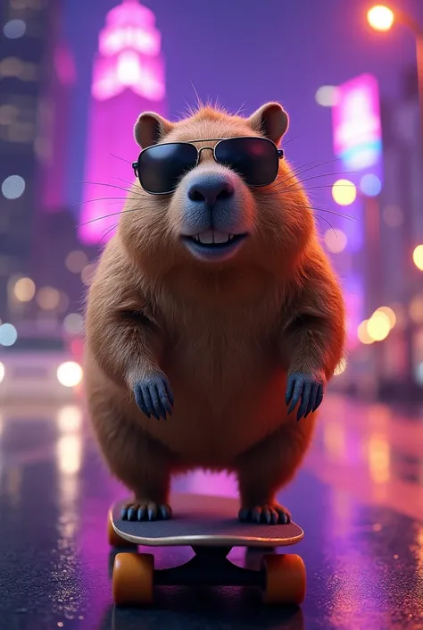  A capybara wearing sunglasses  ( Ozzy Osbourne style),Skate. Background citi lights from afar with purple  sparklesSonrisa satisfecha, 