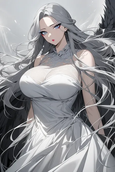  1 woman、chest,  Silver Color Long Dress、 very long hair, Hair blowing in the wind、Big Breasts、大きなchest, Eye Highlighting Makeup 、Black Ruffled Dress 、black wings 