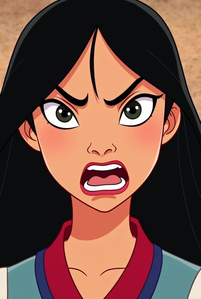 Full face of Disneys Mulan as a 2D cartoon,  looking totally in front of the camera, And that she is furious 
