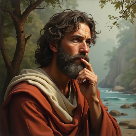  King David at a moment of reflection, with a thoughtful expression, looking into the distance. Scenario of a quiet place with soft light and natural elements in the background."