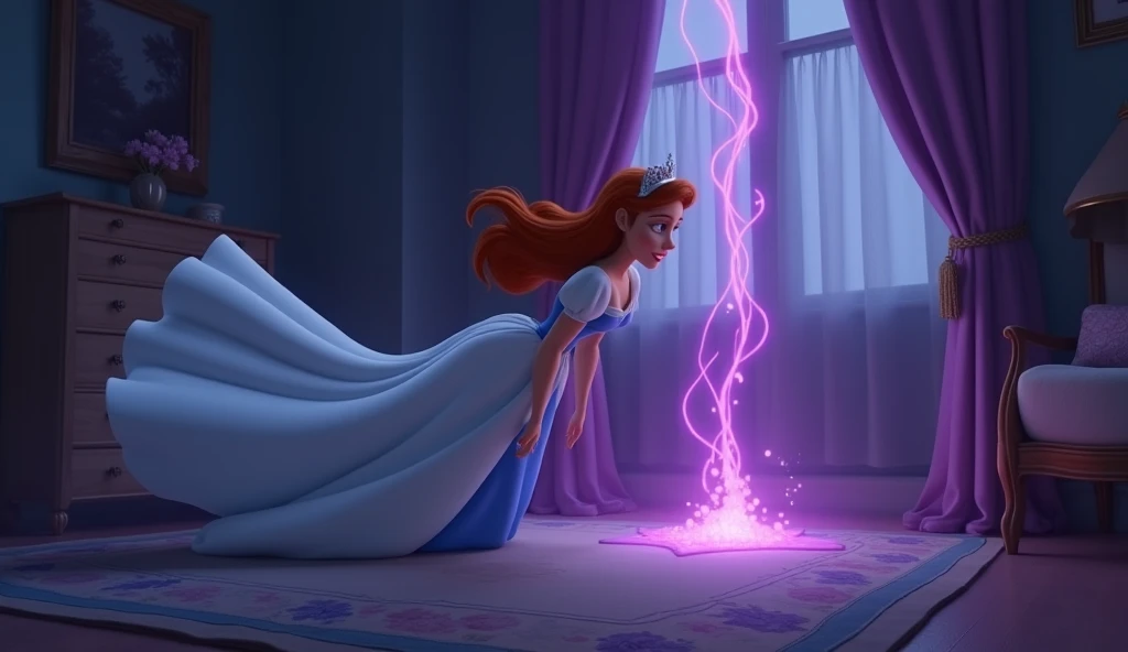 " A dramatic 3D Disney style moment ,  with the princess slowly falling to the ground after touching the rocks needle .  The scene is illuminated by a magical purple glow emanating from the needle ,  as her dress spreads gracefully around . In the backgrou...