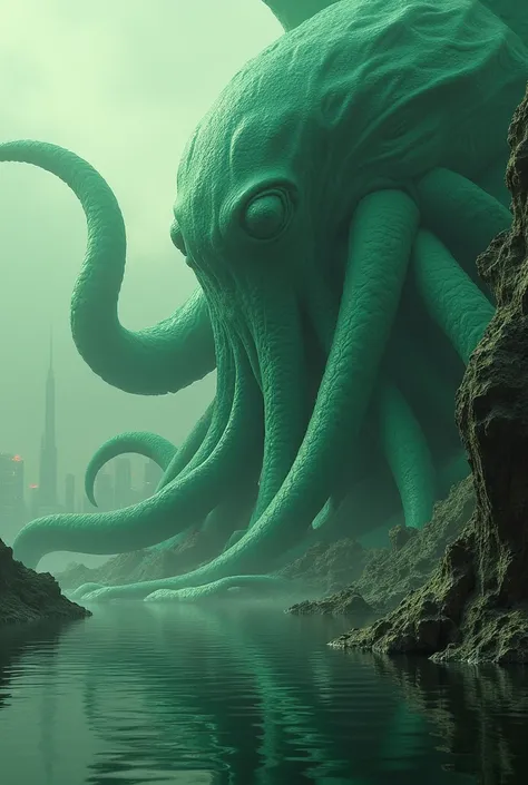 Lot of Green Gigantic tentacles, City Reflected on Water,