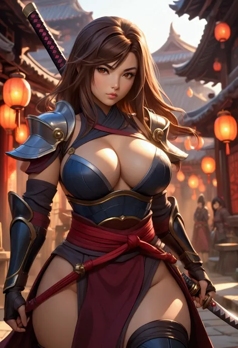 woman in a wearing sexy mobile legend hero armor, ninja theme, action pose with fantasy katana sword, in a fantasy world, fantasy bokeh effect, cinematic light, realistic photography, wide angle shot, super realistic, real human, ig model, cutesexyrobutts,...