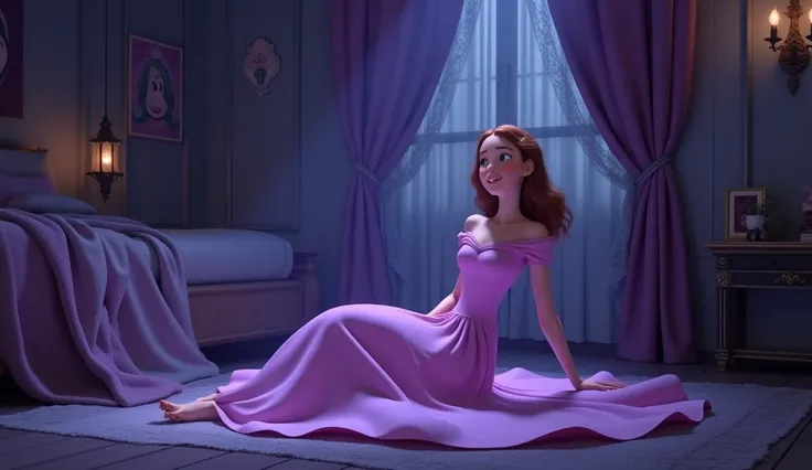 " A dramatic 3D Disney style moment ,  with the princess slowly falling to the ground after touching the rocks needle .  The scene is illuminated by a magical purple glow emanating from the needle ,  as her dress spreads gracefully around . In the backgrou...