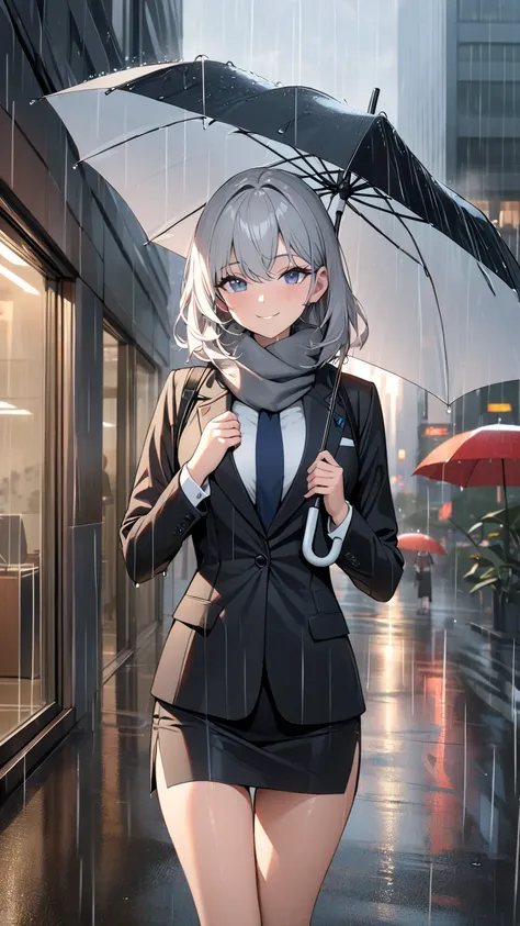  1 girl, solo,  high definition , chest,  gaze, smile,  shortcuts, masterpiece,  Silver Hair, Aperture F1.2, morning, sexy,Beauty, slender,Office District,rain,Use an umbrella,suit, muffler 