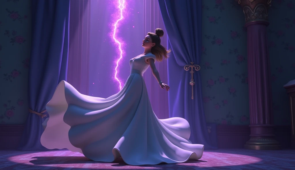 " A dramatic 3D Disney style moment ,  with the princess slowly falling to the ground after touching the rocks needle .  The scene is illuminated by a magical purple glow emanating from the needle ,  as her dress spreads gracefully around . In the backgrou...