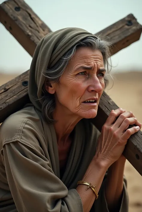 50-year-old woman carrying a wooden cross with a suffering face