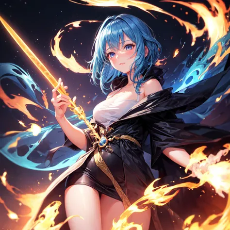  1 girl,  blue hair , Burning Eyes,  black robe,  magic wand, Blue Flame, Shine,  Side Lighting ,  wallpaper, night sky