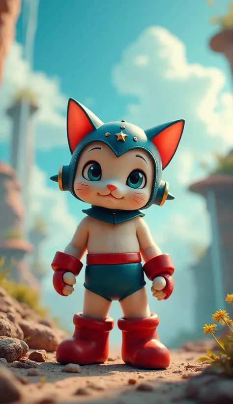  is standing, A cute little cat dressed like Astro Boy , Dreamland, Realistic