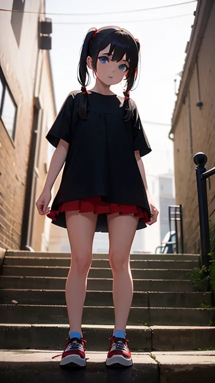 A girl,  wearing a red mini skirt , black liguero,medias negras,  Skinny black blouse, red neckline and sneakers .

 Long black hair in pigtails,  blue eyes .

On some stairs,  From below