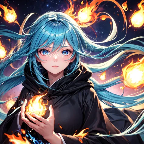  1 girl,  blue hair , Burning Eyes,  black robe, Blue Flame, Shine,  Side Lighting ,  wallpaper, night sky