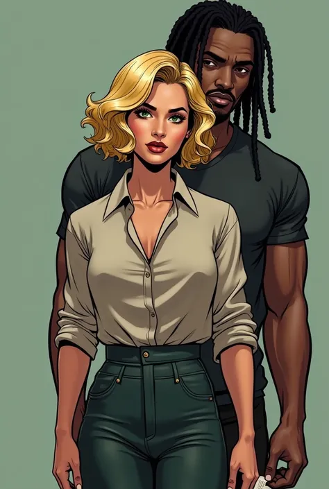 Comic book style image of Ayesha Khan, standing at 59", exudes both elegance and strength. Her short blonde hair, styled in soft waves reminiscent of Halle Berrys iconic cut, frames her striking face. Her green eyes, sharp and intense, are the highlight of...