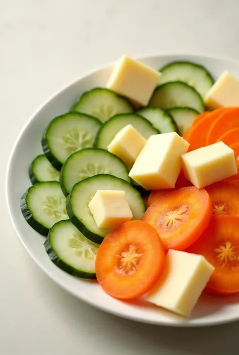  a plate of food with the following ingredients:Carrot slice  (circles)
 Cucumber slices  (ovals)
 pieces of cheese (square)
