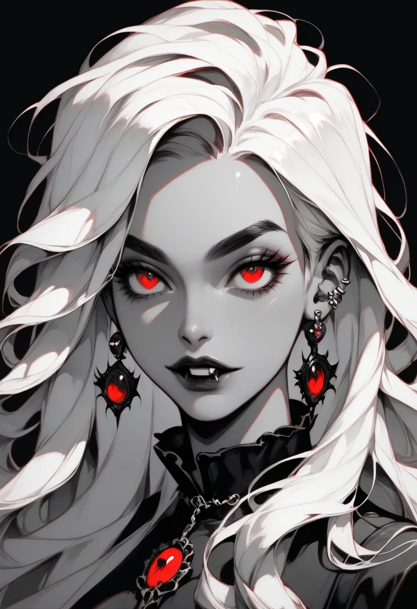 Chica dark-skin gótica, very long curly white hair, very thick eyebrows,  vampire fangs , looking at the spectator, simple gothic background,red eyes ,jewelry,monochrome, violet greyscale , earrings,corset