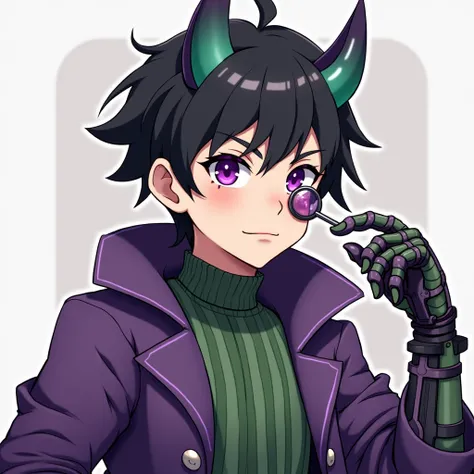  Create a boy wearing a purple overcoat over a green striped blouse.  Your left arm is robotic green , purple and black,  your eye is purple ,  your right eye is robotic purple and green .  With two small horns on the head .  black hair . And a Monocle .  ...