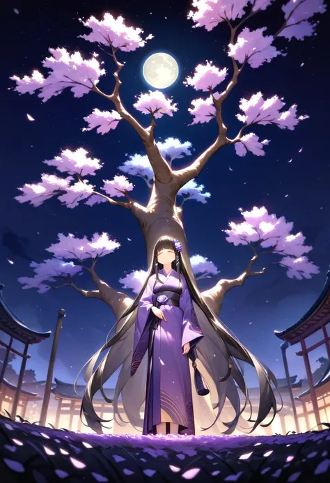 Masterpiece,Best quality, Anime style, Night, big weeping cherry tree, girl standing next to tree, black hair, very long hair, purple kimono, eyes closed, expressionless, full moon, fantastical atmosphere,