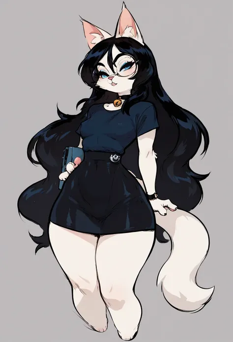 female withe furry cat girl, black hair, long hair, Blue eyes, half closed eyes, curvy, small breast, White cat girl, dark Blue tshirt, black skirt