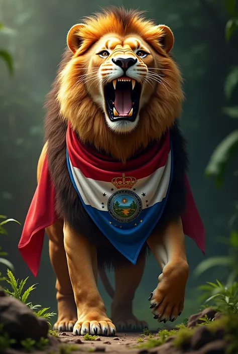 Believe me a lion fair roaring with the Paraguayan flag around his neck 