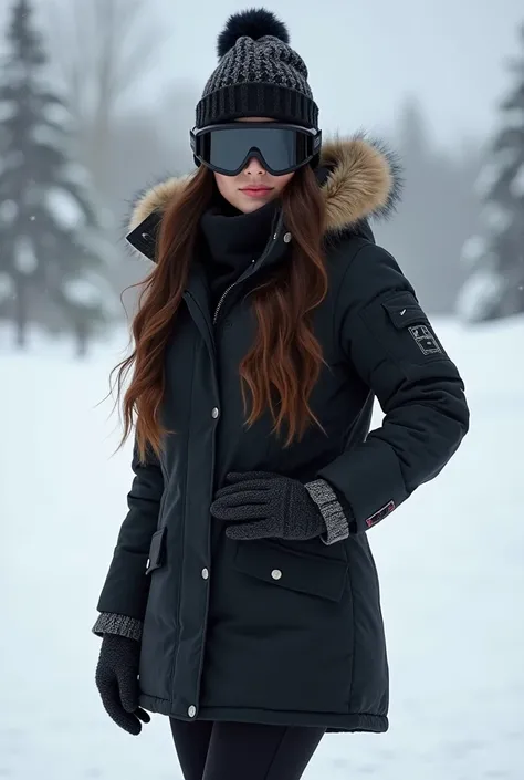  Create a woman with white skin and very long wavy dark brown hair,  With winter attire ! including pants, boots, coat, dark snow goggles, gloves, hat, everything in black,  shes in Alaska in snow ,  pose a hand on her waist elegant 