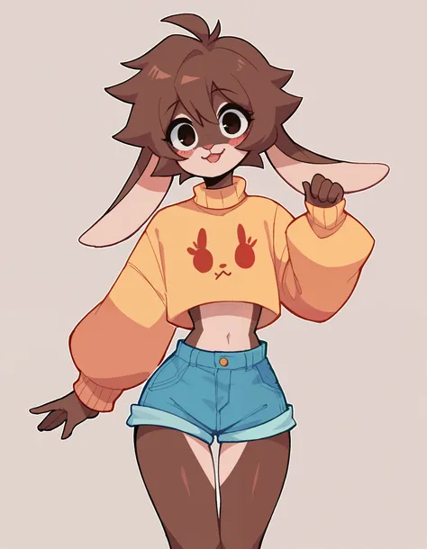 Best quality , Very detailed illustration, (Anthropomorphic furry rabbit boy:1,7) , tousled voluminous hair, Playful look, Slim, ideal body, thin waist, wide hips, Simple drawing, Artifyber style, pastel flat colors, Cute, cartoon, sweater, short shorts