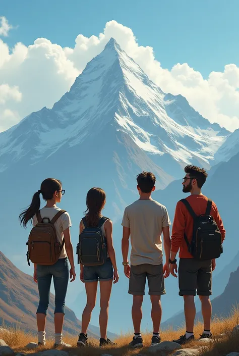  Four travelers : Two women:  one with a ponytail hair and glasses ,  short-haired , and two men : , the first taller than a dense build in a shirt,  the second one is lower ,  with a beard and glasses ).
 All four stand looking at Mount Ararat 