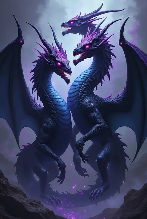 I want an image where there are dragons with skulls in shades of purple, blue and black