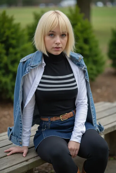 Android 18 from Dragon Ball Z, sitting on a bench in a park, young woman, natural blonde hair BOB LONG cut short , sleeveless frayed denim jacket on, fitted black top with white sleeves with 50 horizontal gray stripes, denim miniskirt, light brown belt wit...