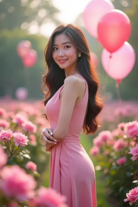 depict a realistic photo, a beautiful Thai woman with long hair, beautiful eyes, wearing a polite long dress in the color of Ping, standing elegantly, smiling sweetly and looking at the camera, standing elegantly in a garden of colorful roses, including Pi...