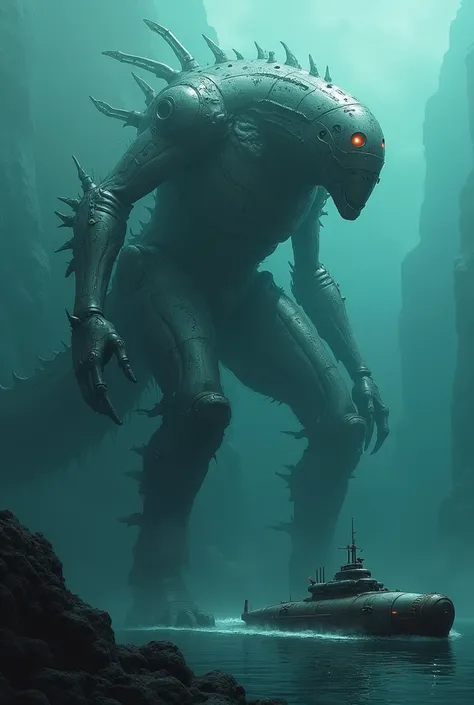 Cover of a metal monster and a submarine in the ocean without arms or legs less realistic 