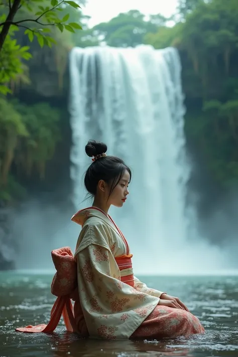 
 beautiful Korean girl , chubby,  half of her body in a kimono ,  she sits inside the waterfall ,  enjoys the beauty of nature with a serene expression. Waterfall with a high background , Green Forest. photo shoot